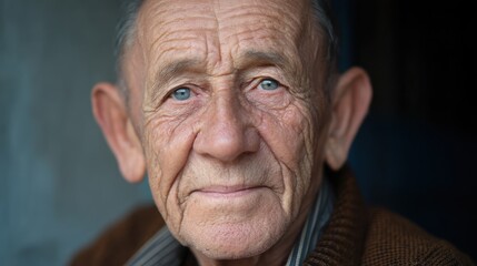 Obraz premium Elderly man with soft wrinkles, clear eyes, calm expression, natural lighting