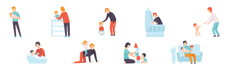 Dad on Maternity Leave Takes Care of Little Toddler Vector Set