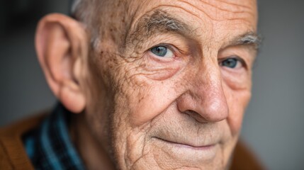 Fototapeta premium Elderly man with soft wrinkles, clear eyes, calm expression, natural lighting