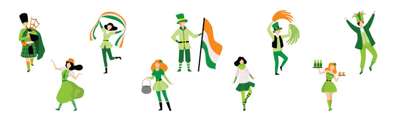 People Character in Festive Green Costumes Celebrating Saint Patrick Day Vector Set