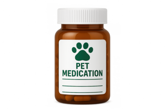 Veterinary pill bottle with paw print icon, clear label, holding pet medication against transparent backdrop