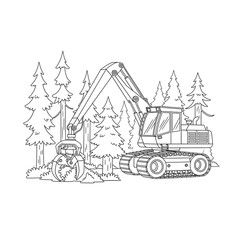 Logging equipment coloring page for kids and adults forestry machinery outline drawing art on transparent background