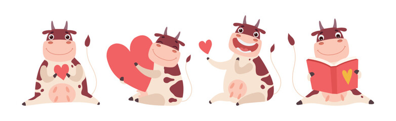 Funny Cow Character with Horn and Udder Enjoy Different Activity Vector Set