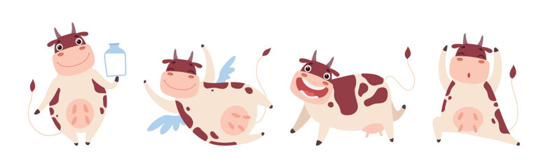 Funny Cow Character with Horn and Udder Enjoy Different Activity Vector Set