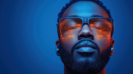 Naklejka premium Close-Up Portrait of Man with Stylish Sunglasses Against Vibrant Blue and Orange Background