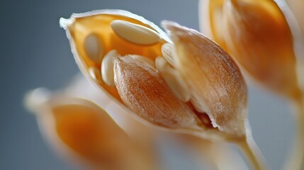 Close up view reveals seeds inside a plant pod