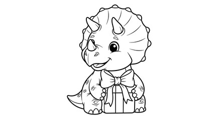 Fototapeta premium Cute triceratops dinosaur coloring page with gift box for kids printable activity sheet on transparent background