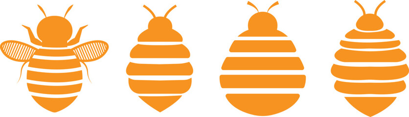 Bee icons set yellow flat designs. Flying insect with striped body and wings vectors illustration. Honeybee symbol for pollination and wildlife representation. Nature, apiary, environmental pictogram.