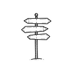 Signpost with directional arrows, travel guidance, line art, exploration concept