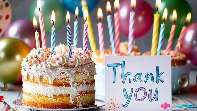 Colorful birthday celebration scene with cake, candles, balloons, and thank you card.