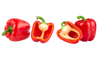 Bright red and yellow bell peppers stand out isolated on a white background.

