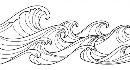 Ocean wave line art vector illustration for coloring pages and graphic design elements on transparent background