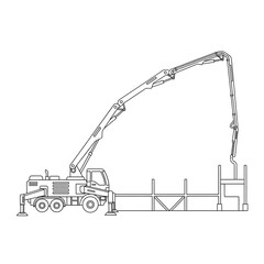 Concrete pump truck line drawing vector illustration for construction and industry use on transparent background