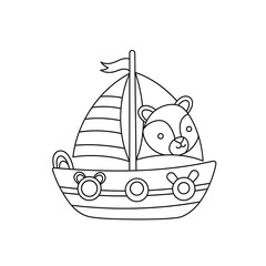 Bear on sailboat coloring page for kids, cute animal boat outline vector illustration art on transparent background