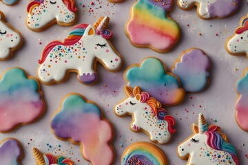 Unicorn-shaped cookies with colorful icing and sprinkles