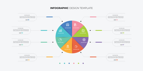 Semicircular pie chart divided into 8 colorful sectors. Concept of eight features of startup project to select. Minimal flat infographic illustration for business information visualization