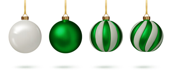 Green Christmas balls realistic hanging on ribbons. Realistic 3D baubles for winter holiday home decor. Isolated vector elements PNG
