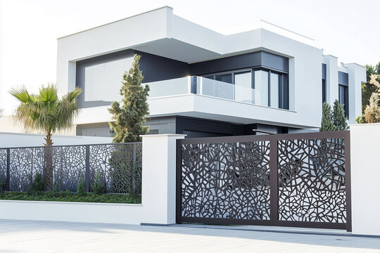 modern villa front fence with laser cut metal panels