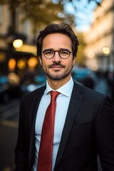 Fototapeta premium Successful Lawyer Posing on Urban Street in Business Attire with Glasses, Copyspace for Text Message