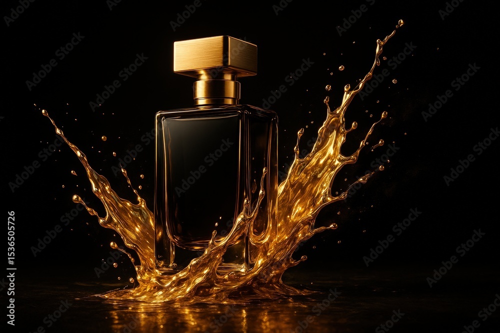 Poster bottle of perfume is being splashed by liquid gold, creating explosion of sparkling droplets around it.