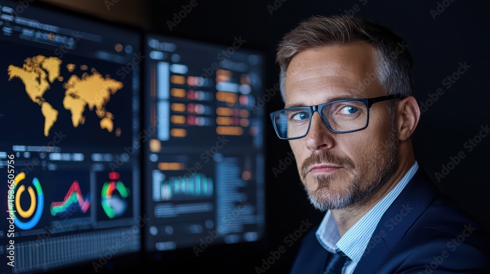 Poster professional man analyzing global data insights on multiple monitors in modern office environment wi