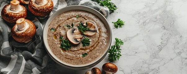 A rich mushroom soup served in a bowl, surrounded by fresh herbs and mushrooms on a marble surface.