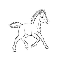 Cute baby horse foal line art drawing illustration for kids coloring page activity book on transparent background