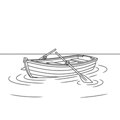 Rowboat on water line art vector illustration for coloring book page and graphic design use on transparent background