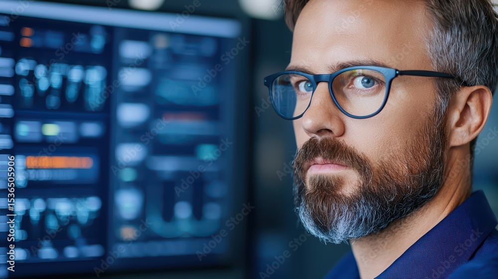 Poster thoughtful man with glasses observing data analysis on computer screen in modern office environment 