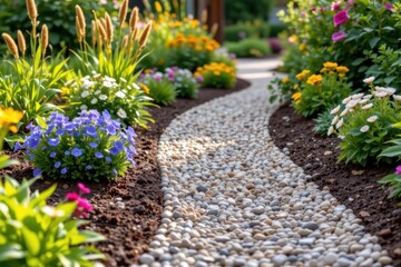 Naklejka premium a gravel backyard path bordered by plants, demonstrating simple, affordable, and easy care ground cover for garden walkways.