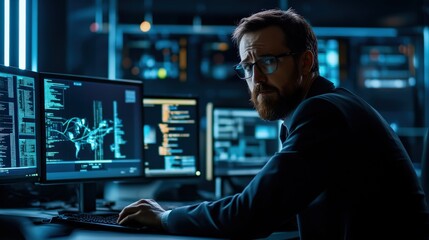 A serious looking man works at a computer in a dark room