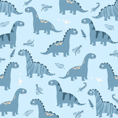  illustration of blue seamless Brontosaurus dinosur pattern cute design for kids apparel