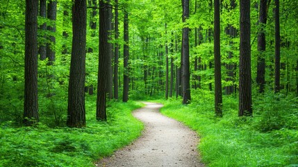 Fototapeta premium Serene Curved Path Through Lush Green Forest Surrounded by Towering Trees and Vibrant Foliage in Bright Daylight