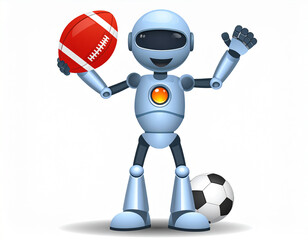 Naklejka premium A cute, funny 3D blue toy robot with a big smile and baseball bat stands isolated, ready to play