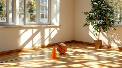Sunlit indoor basketball court with ball and cone