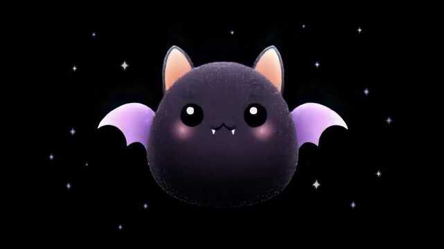 Cute Cartoon Bat Character With Sparkly Purple Wings Against Black Starry Background
