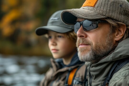 Portrait of father and son out for fishing, bonding over a shared hobby and enjoying the quiet moments of a fishing trip together, Generative AI