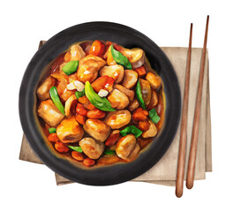 Kung Pao Chicken is a traditional Chinese dish. Watercolor illustration