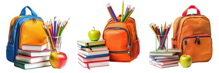 Set of school bags with books and pencils isolated on transparent background PNG