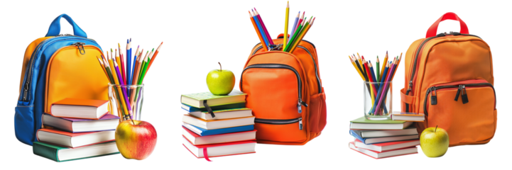 Set of school bags with books and pencils isolated on transparent background PNG