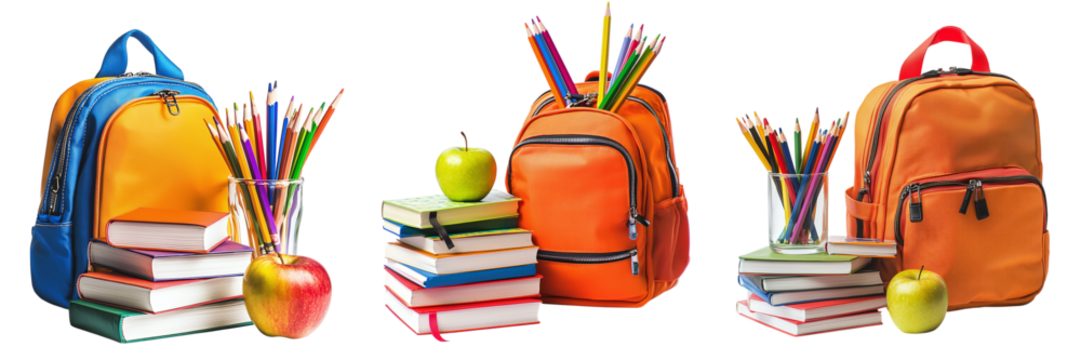 Set of school bags with books and pencils isolated on transparent background PNG - Powered by Adobe