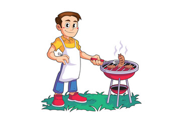 Cartoon Man grilling Sausages and Meat