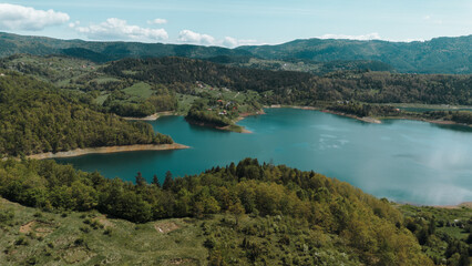 Naklejka premium Serbian Orthodox Sretenje Monastery nestled in a lush green valley between forested mountains in spring, captured from above by drone