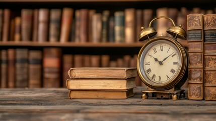 Vintage Clock and Antique Books on Wooden Table in Library with Shelves Filled with Leather-Bound Volumes