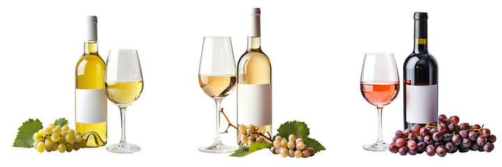 Obraz premium Set of wine bottles with a white label mockup and a glass of wine with a branch of ripe grapes isolated on transparent background PNG
