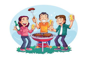 Three Friends Eating Sausages and Meat with Drinks at Barbecue