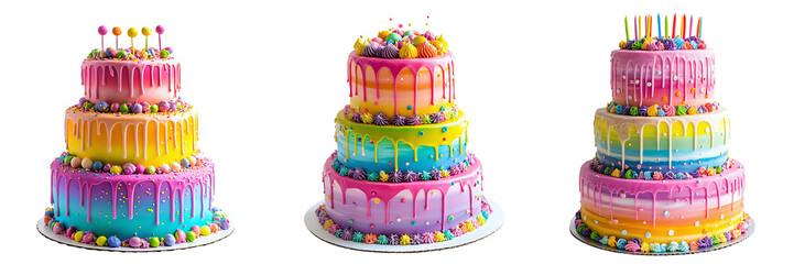 Set of multi-tiered beautiful multi-colored cream cakes isolated on transparent background PNG