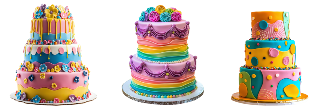 Set of multi-tiered beautiful multi-colored cream cakes isolated on transparent background PNG