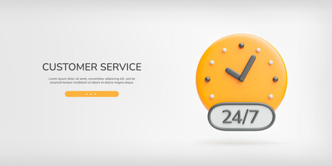 Customer service 3d banner. Realistic yellow clock face and 24 7 service text in black border. All day working concept. Vector poster of client support, help, working hours on light gray background.