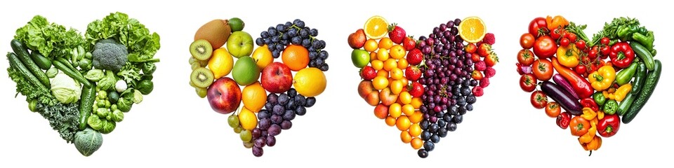 Set of various berries, fruits and vegetables laid out in the shape of a heart isolated on transparent background PNG
